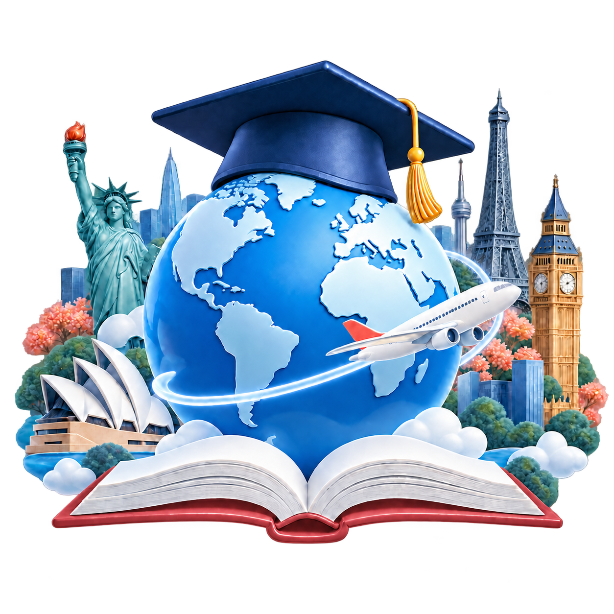 Du học đa quốc gia cùng BitBorders: quả địa cầu, mũ tốt nghiệp và các biểu tượng quốc tế